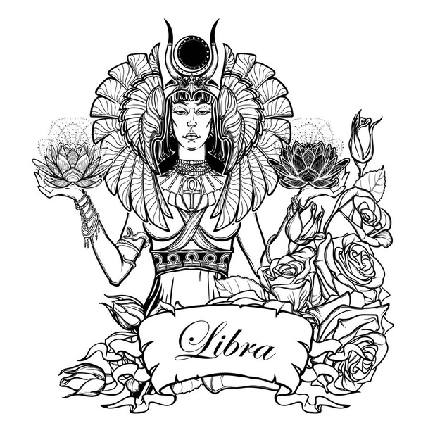 Libra Csillagjegy illusztrációja mint egy gyönyörű egyiptomi istennő. Vektor . - Vektor, kép