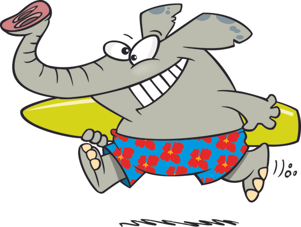 Cartoon olifant surfer - Vector, afbeelding
