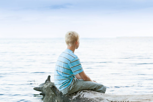 Fiú ül egy driftwood - Fotó, kép