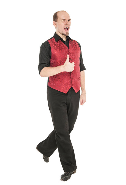 Young man in costume for irish dance showing thumbs up - Фото, зображення