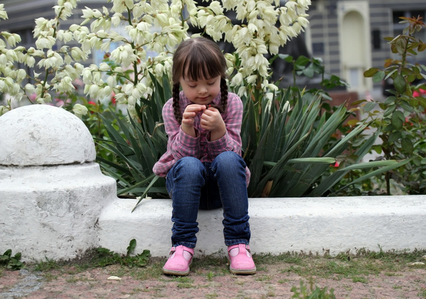 Девушка, сидящая на фоне цветов
. - Фото, изображение