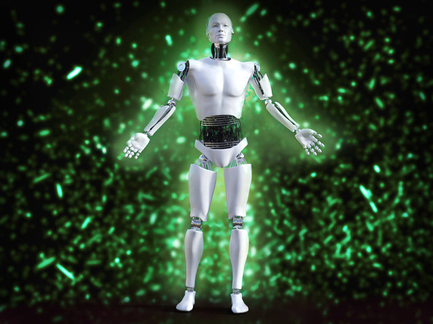 Representación 3D de robot macho con efecto de luz bokeh
. - Foto, Imagen