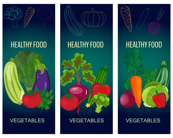 Egészséges zöldség és vegetáriánus étel bannerek a zöld tábla. Friss szerves élelmiszer, egészséges táplálkozás vector háttér szöveg helye. - Vektor, kép