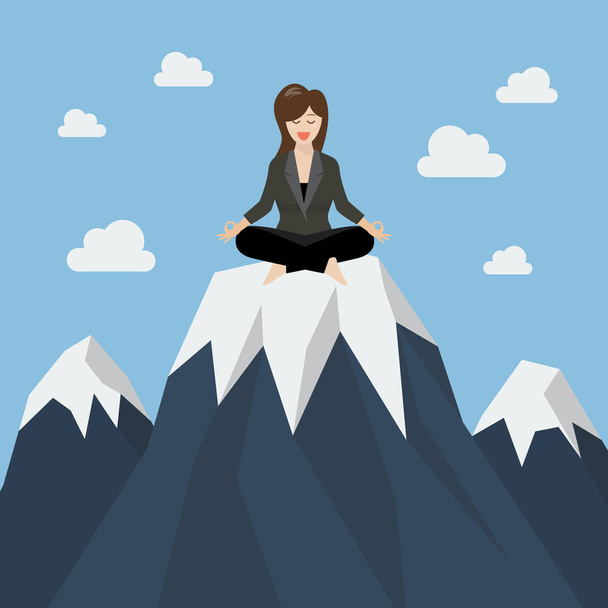Business woman meditating on a mountain peak - Vector, Image