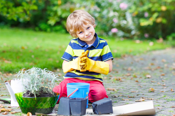 Смішний маленький хлопчик висаджує квіти в саду на сприндизі
 - Фото, зображення