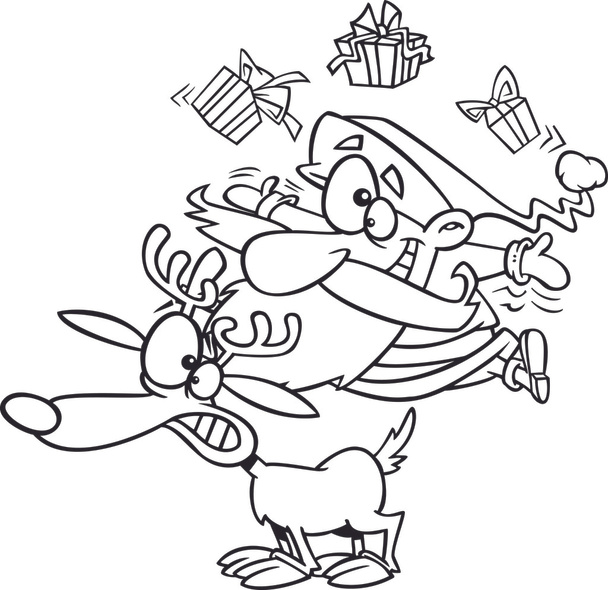 Vektor eines Cartoon-Weihnachtsmannes, der Geschenke auf einem Rentier jongliert - umrissene Malseite - Vektor, Bild