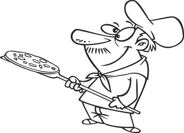Illustration of an outlined pizza man holding a pie, on a white background. - Vector, Image