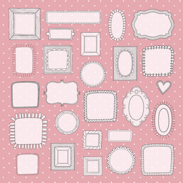 Vector set of vintage cute photo frames on pink polka dot pattern. - Vettoriali, immagini