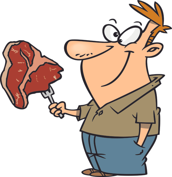 ilustrace šťastný muž, který držel steak na vidličku, na bílém pozadí. - Vektor, obrázek