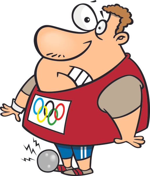 illustratie van een Olympisch track & field shotput atleet man de bal laten vallen op zijn voet, op een witte achtergrond. - Vector, afbeelding