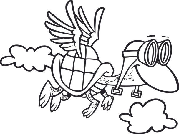 Illustration of an outlined tortoise flying with pilot goggles, on a white background. - Vector, Image