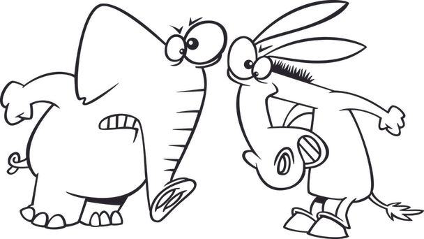 Vector of a Cartoon Opposing Democratic Donkey and Republican Elephant - Outlined Coloring Page - Vector, Image