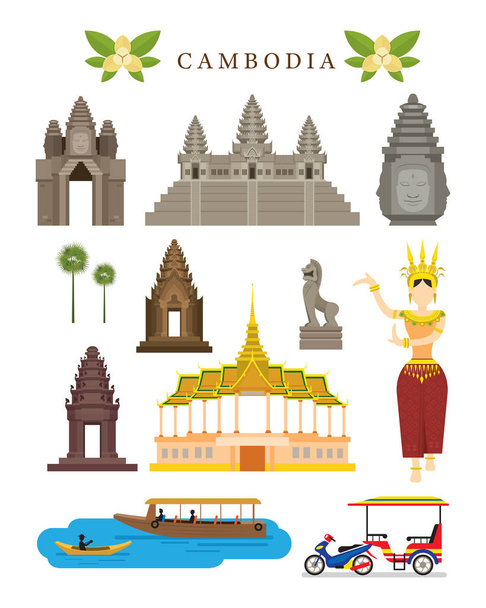 Cambogia Luoghi di interesse e cultura Set di oggetti
 - Vettoriali, immagini