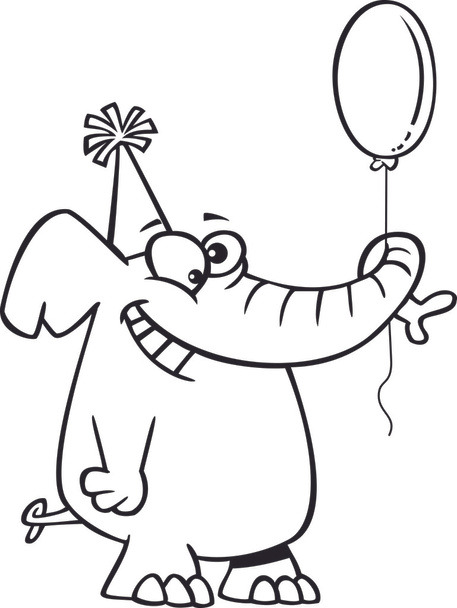 Vector of a Cartoon Happy Birthday Elephant Holding a Balloon - Outlined Coloring Page - Vektor, kép