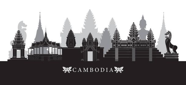 Καμπότζη ενδιαφέροντος στον ορίζοντα σε μαύρο και άσπρο - Διάνυσμα, εικόνα