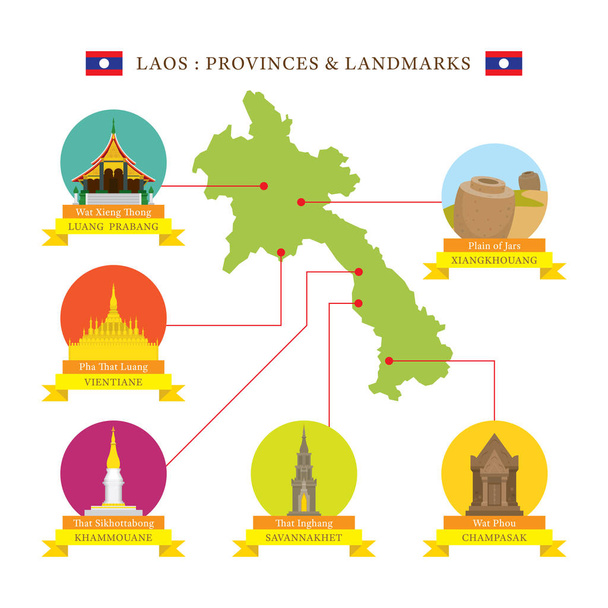 Laos Provinces et monuments icônes avec carte
 - Vecteur, image