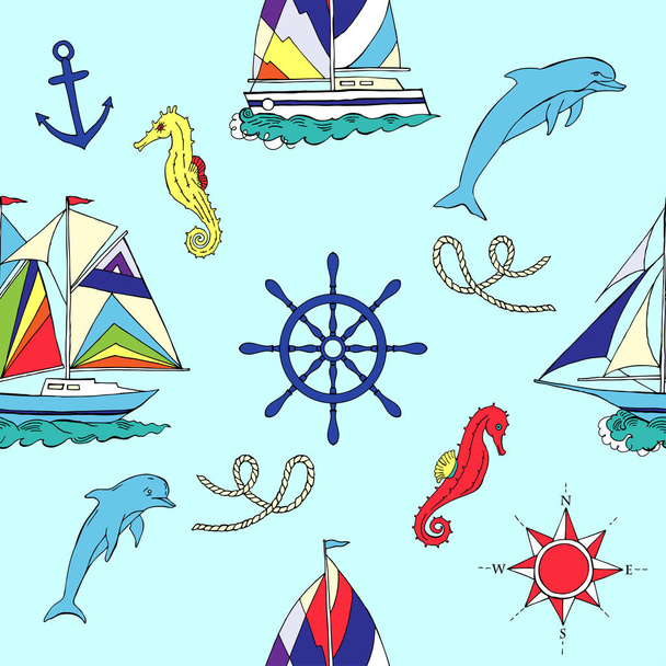 Nautical seamless pattern with ships - Vector, Image