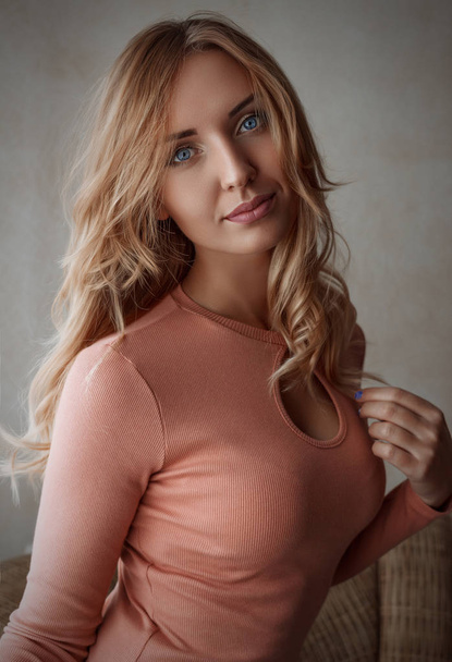 Classic close-up portrait of curly cute girl with beauty blonde hair style - Fotografie, Obrázek