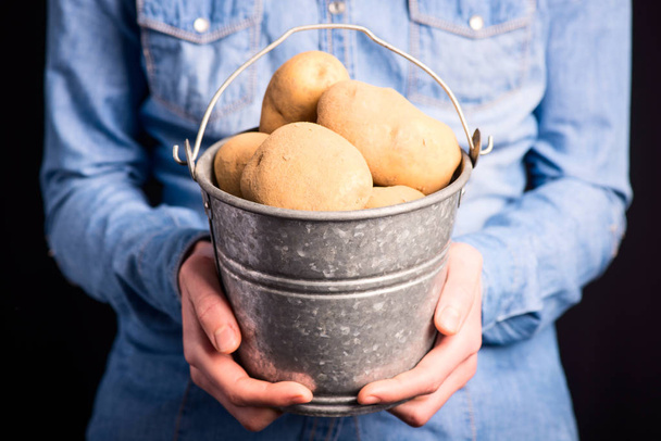 potatoes bucket in hands - Fotó, kép