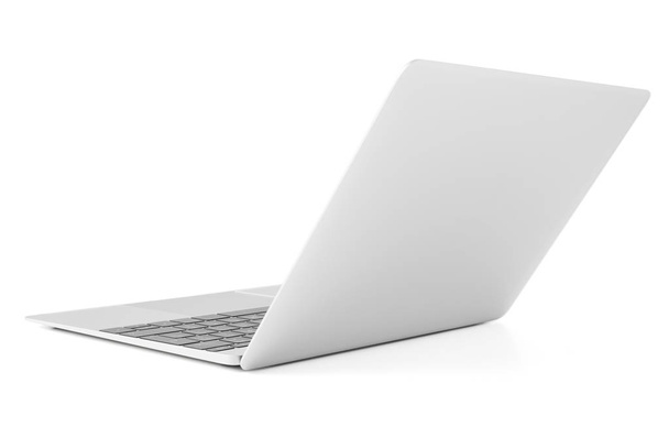 Laptop fino com tampa aberta, vista traseira
 - Foto, Imagem