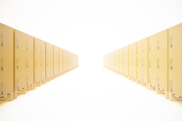 Conceito de armazém de caixas de papelão empilhadas em paletes de madeira para o transporte de transporte isolado em um fundo branco. Renderização 3d
 - Foto, Imagem