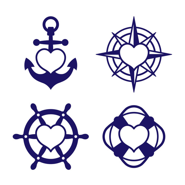 Corazón marino icono conjunto de ancla y brújula
 - Vector, imagen