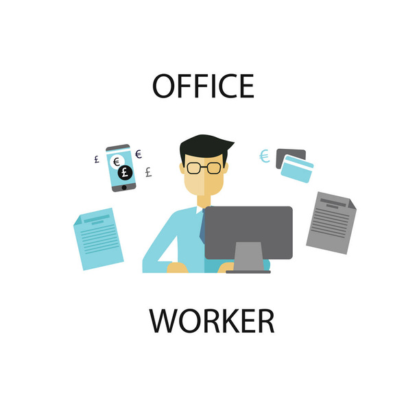 офисный работник, работающий на компьютере
 - Вектор,изображение