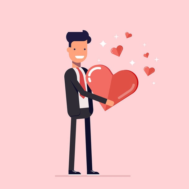 Happy man giving a valentine. St. s Day. Businessman or manager with big heart in his hands. Cartoon character in flat style isolated on pink background. Vector, illustration EPS10. - Vector, Image