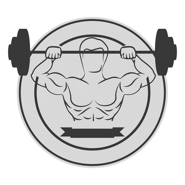 borde circular monocromo con el hombre muscular levantando un peso de disco y etiqueta
 - Vector, imagen