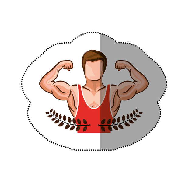 наклейка листя корони з наполовину чоловіком м'язів тіла з сорочкою без рукавів
 - Вектор, зображення