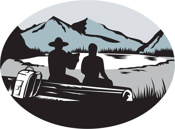 Kaksi Trampers istuu Log Lake Mountain soikea Woodcut
 - Vektori, kuva