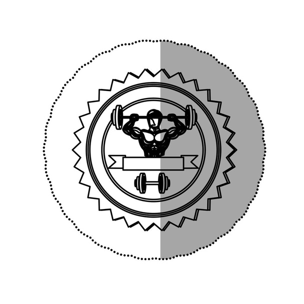 sticker contour stamp border with muscle man lifting a disc weights and label with dumbbell - Vector, Image
