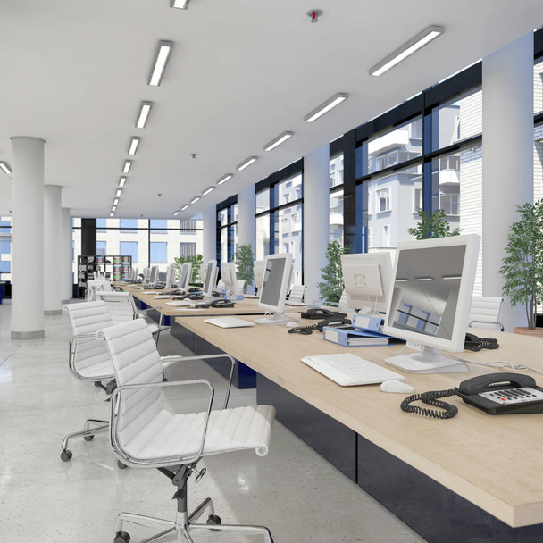 3d render - oficina de planta abierta - edificio de oficinas
 - Foto, Imagen