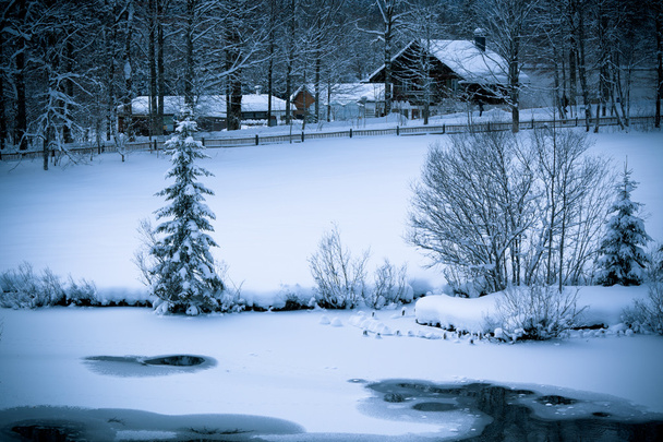 χιονισμένο αλπικό σπίτι και παγωμένος ποταμός στο δάσος - Φωτογραφία, εικόνα