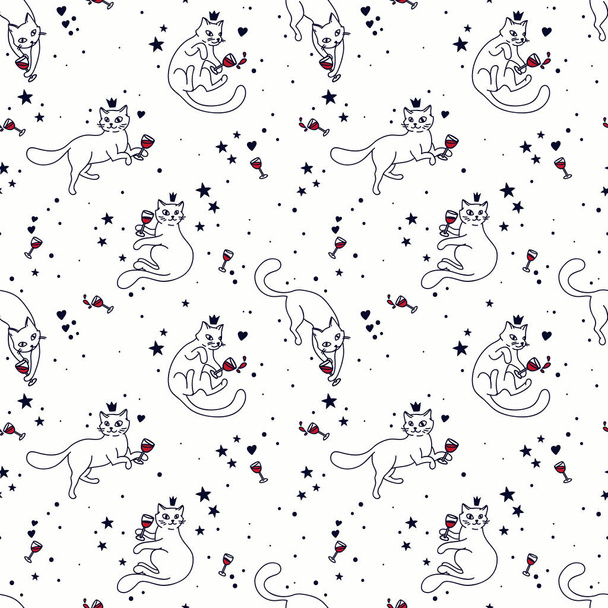 seamless pattern with doodle cats drinking wine - Vektör, Görsel