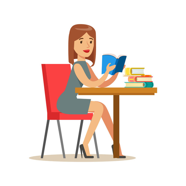 Woman Reading A Book At The Table, Smiling Person In The Library Vector Illustration - Vector, Imagen