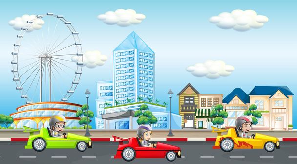 Scene with kids riding race car on the road - Vector, Image