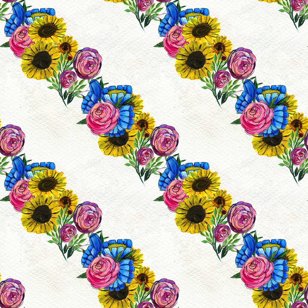 Seamless pattern with blue yellow and pink flowers - Fotografie, Obrázek