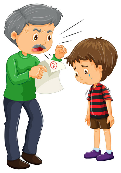 Wütender Vater und Junge mit schlechten Noten auf dem Papier - Vektor, Bild