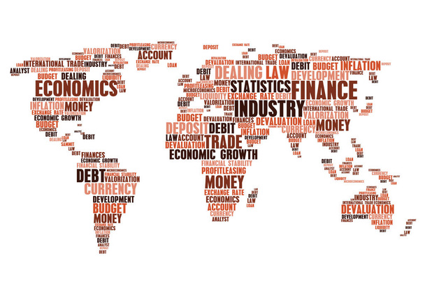 Biznes, finanse słowo tagi cloud, kształt mapa świata - Wektor, obraz