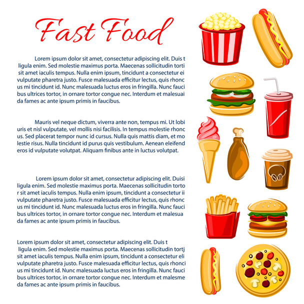 ファーストフードの食事ポスター、スナック、飲み物情報 - ベクター画像