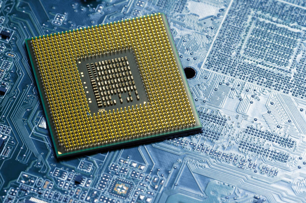 Processor on blue circuit board with gold-plated contacts close up. Bottom view from the pins side. - Photo, Image