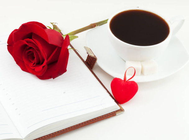 Diary, coffee and rose - Φωτογραφία, εικόνα