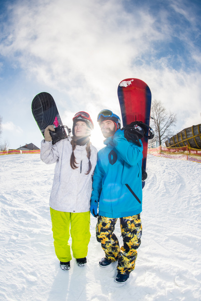 Man and woman with snowboards - Photo, Image