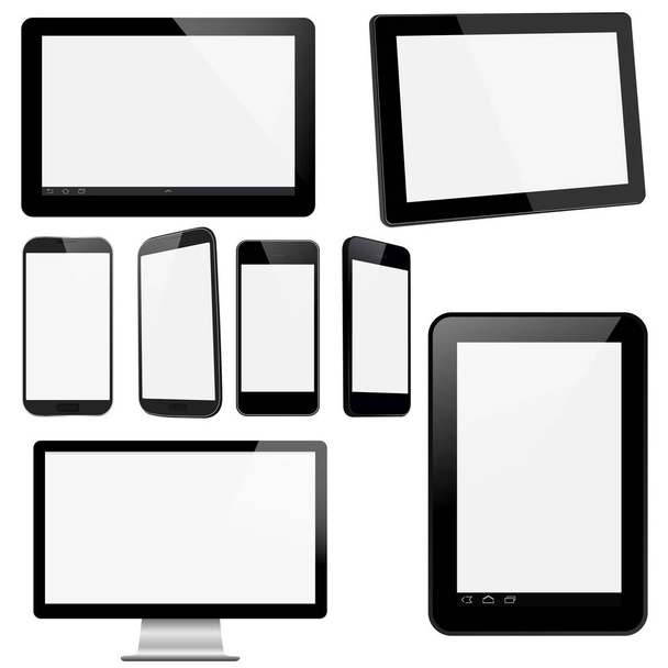  Tablet, Smartphone und Monitor. Front und Perspektive - Vektor, Bild