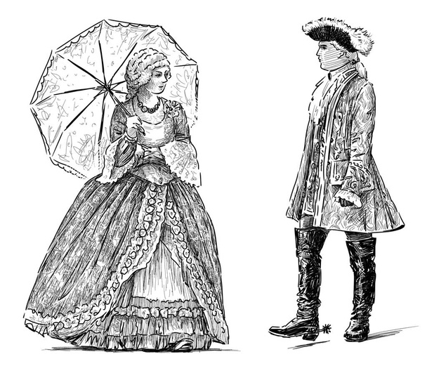 schets van het paar in de vintage kostuums - Foto, afbeelding