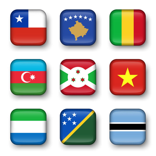 Set of world flags quadrangular badges ( Chile . Kosovo . Mali . Azerbaijan . Burundi . Vietnam . Sierra Leone . Solomon Islands . Botswana ) - ベクター画像