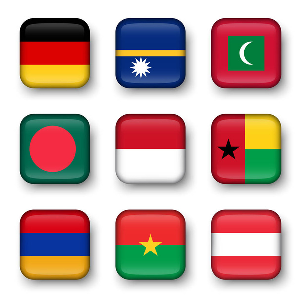 Sada světových příznaků: čtyřúhelovité odznaky (Německo. Nauru. Maledivy. Bangladéš. Indonésie. Guinea-bissau. Arménie. V Burkina Faso. Rakousko ) - Vektor, obrázek