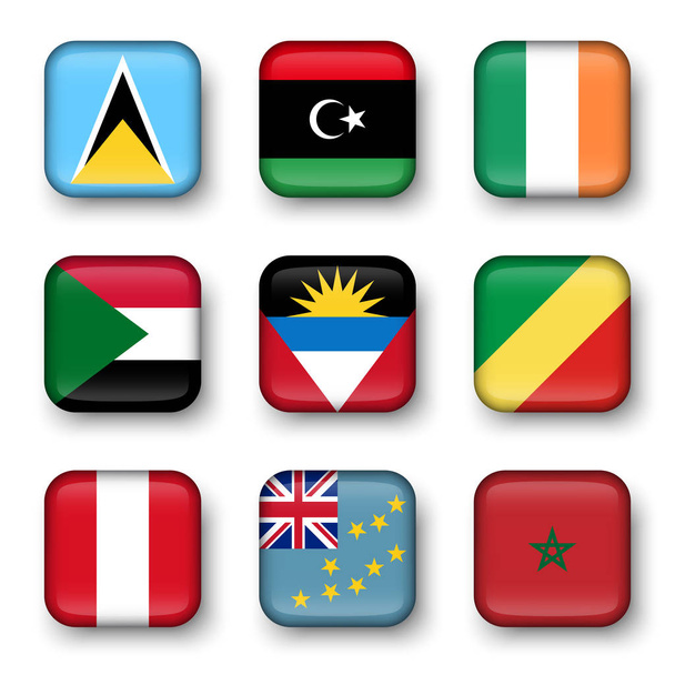 Set of world flags quadrangular badges ( Saint Lucia . Libya . ireland . Sudan . Antigua and Barbuda . Republic of the Congo . Peru . Tuvalu . Morocco ) - Vektor, kép