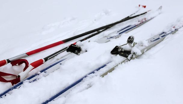 Skis et bâtons de ski dans la neige
. - Photo, image
